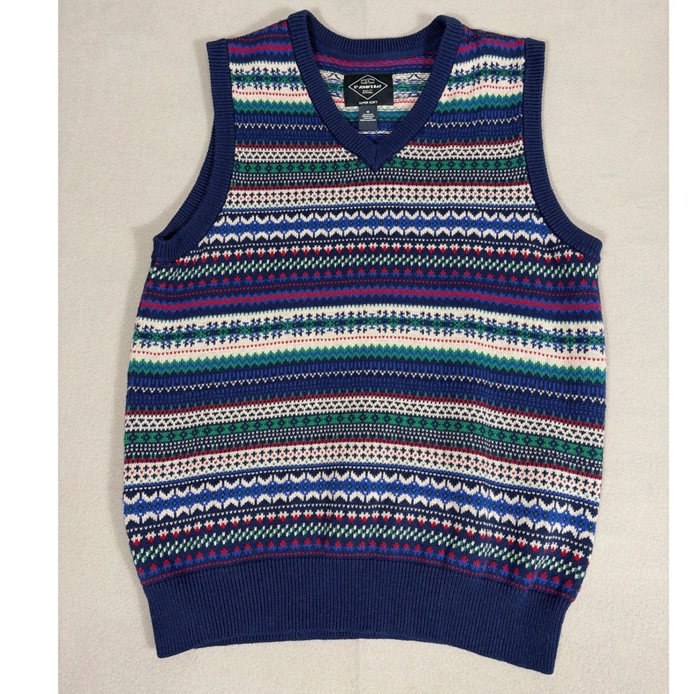 St Johns Bay Mens Fair Isle Sweater Vest Blue Multi Color V-Neck Knit Size M
